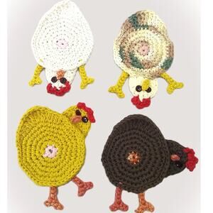 Crochet Chicken Butt Coasters Hand Crafted Set of Four Peeking Hen Table Mug Rug